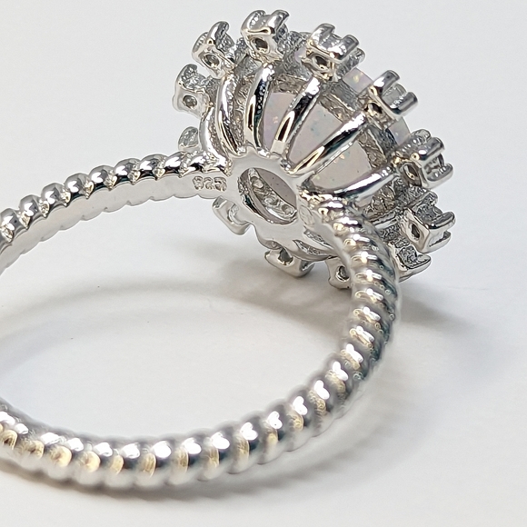 New sterling silver 925 faux white round opal iridescent flower ring cz - Picture 4 of 6